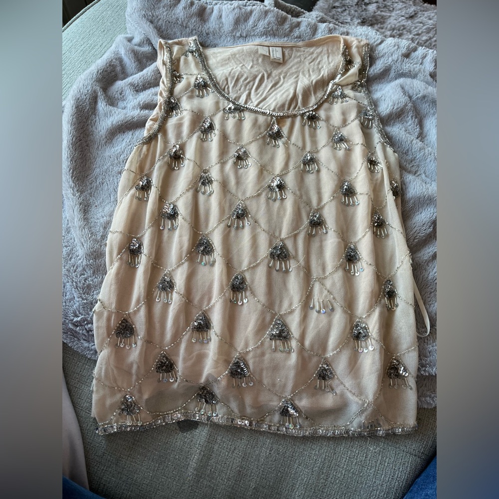 Embellished sequin beaded sleeveless tank mesh large tan cream